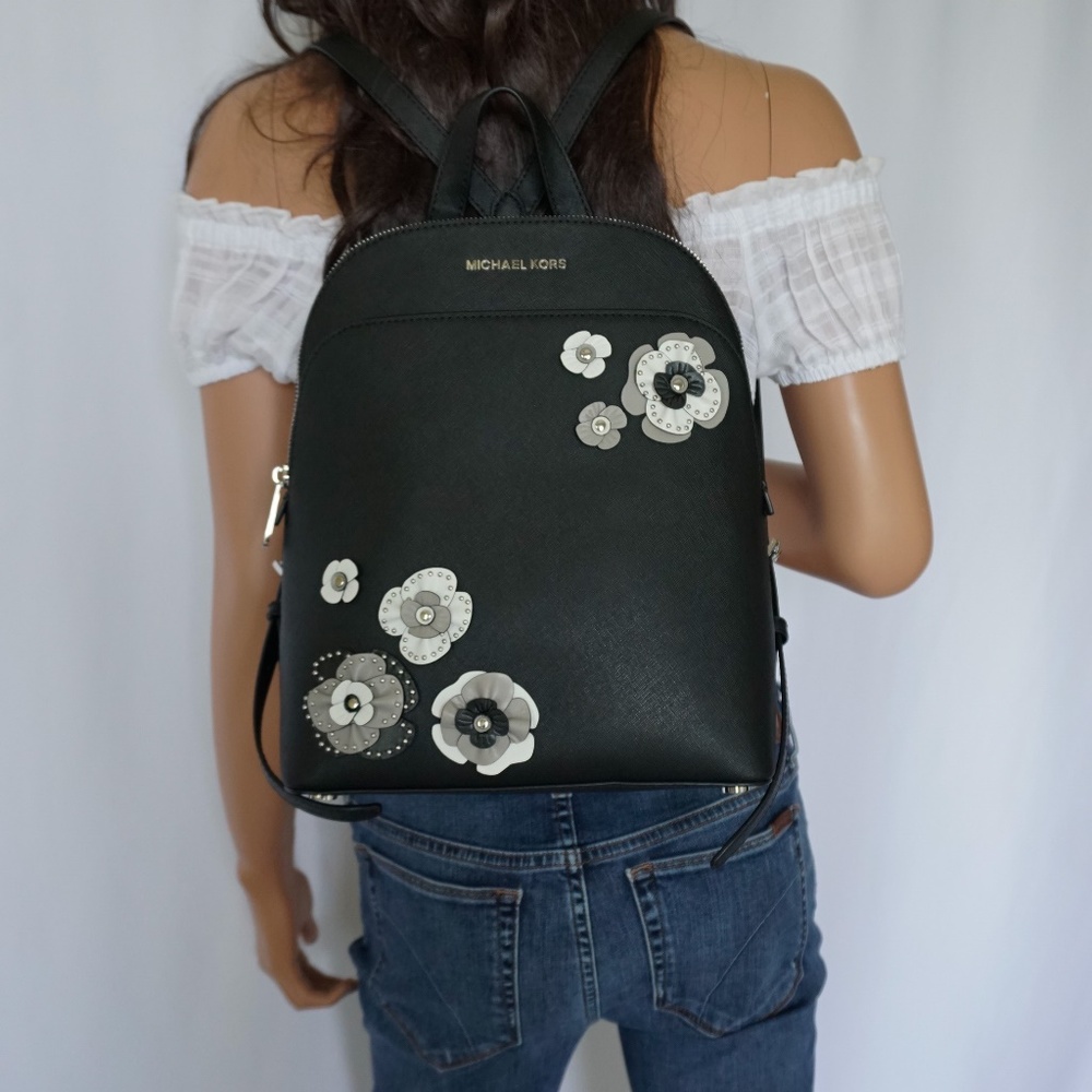 Michael Kors Emmy LG Leather Backpack Black Floral - Picture 1 of 8